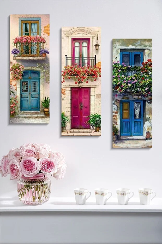 Çiçekli Pencere 3 Parçalı Mdf Tablo